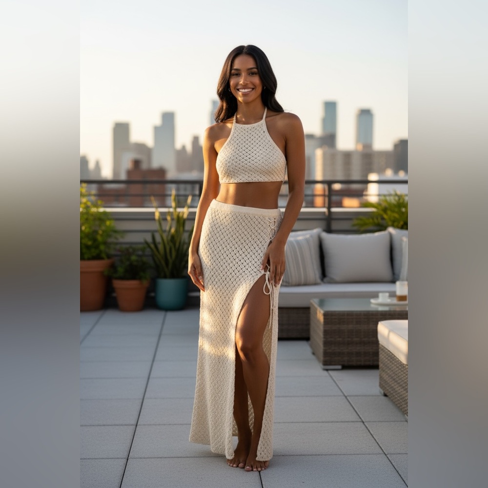 Elegant Cream Crochet Crop Top and Skirt